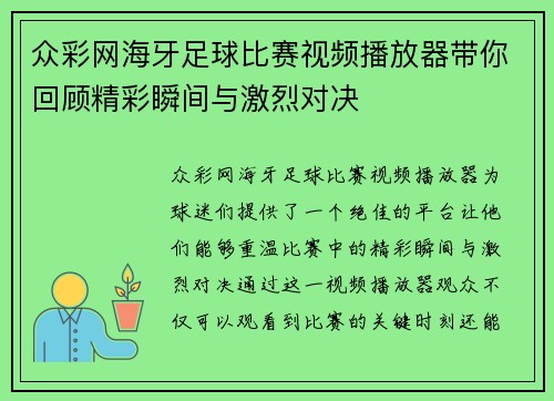 众彩网海牙足球比赛视频播放器带你回顾精彩瞬间与激烈对决