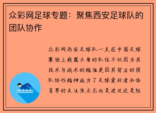 众彩网足球专题：聚焦西安足球队的团队协作