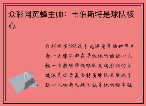 众彩网黄蜂主帅：韦伯斯特是球队核心